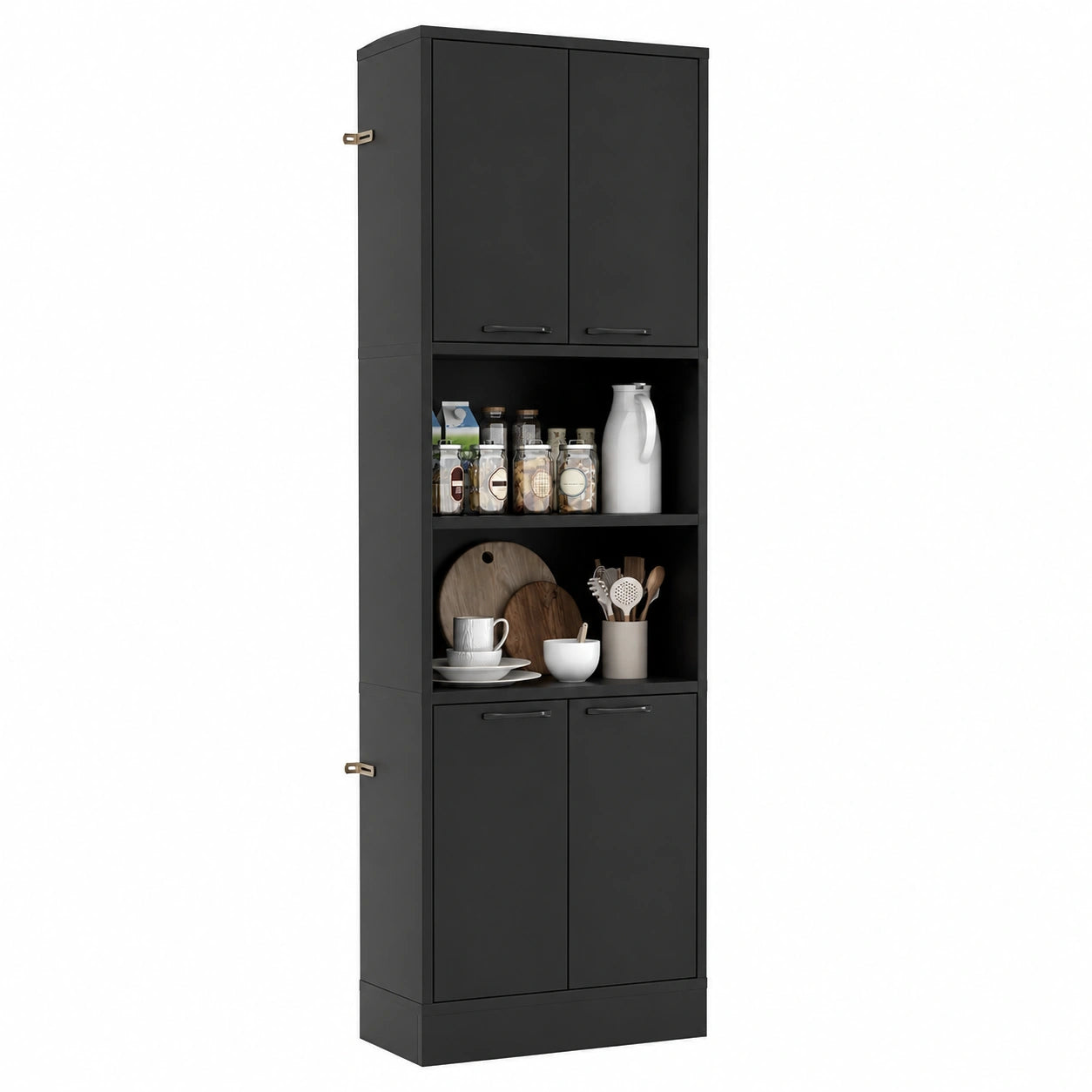 COSTWAY Mobile Buffet Alto con Armadi Doppi e Mensole Aperte per Cucina e Soggiorno, Nero, 56x30x190 cm