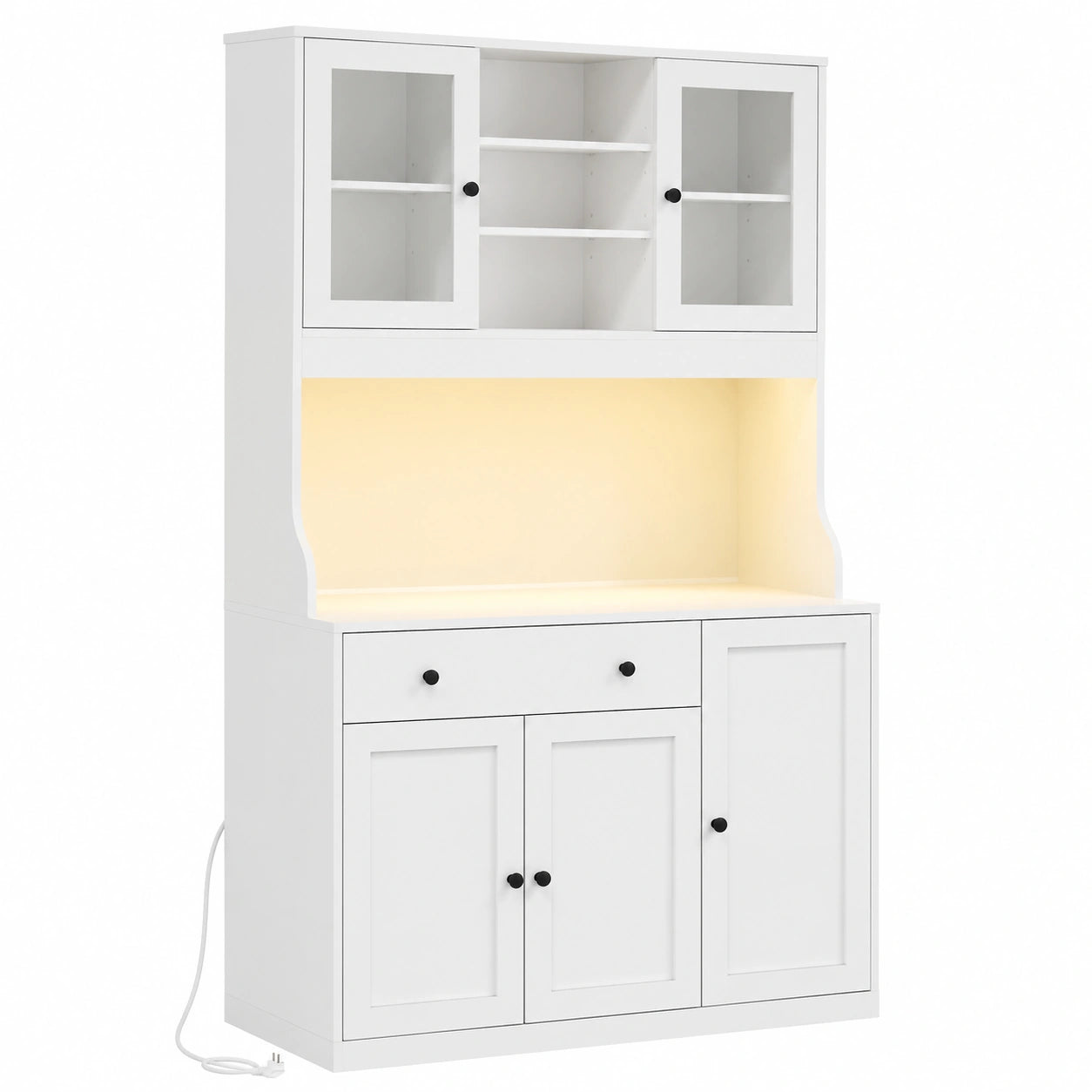 Credenza Moderna con LED e Ripiani Regolabili, Mobile Buffet con Cassetti e Presa Elettrica, Armadio da Cucina Bianco 103.5x40x180 cm