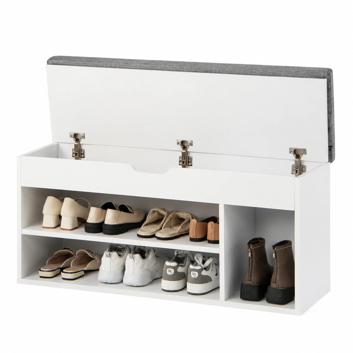 HOMASIS Scarpiera con Seduta, Cassapanca da Interno in Legno, Portascarpe con Scomparti e Cassetto per Ingresso, 104x30x48 cm (Grigio/Bianco)