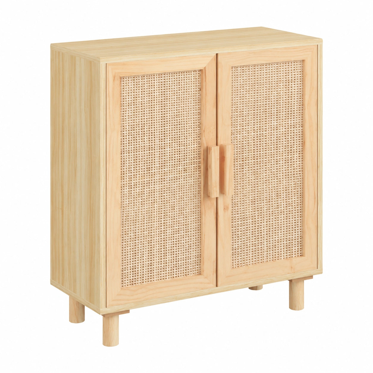 Credenza in Legno di Pino e Rattan Naturale 60x30x70 cm, Mobile Contenitore per Cucina e Sala da Pranzo