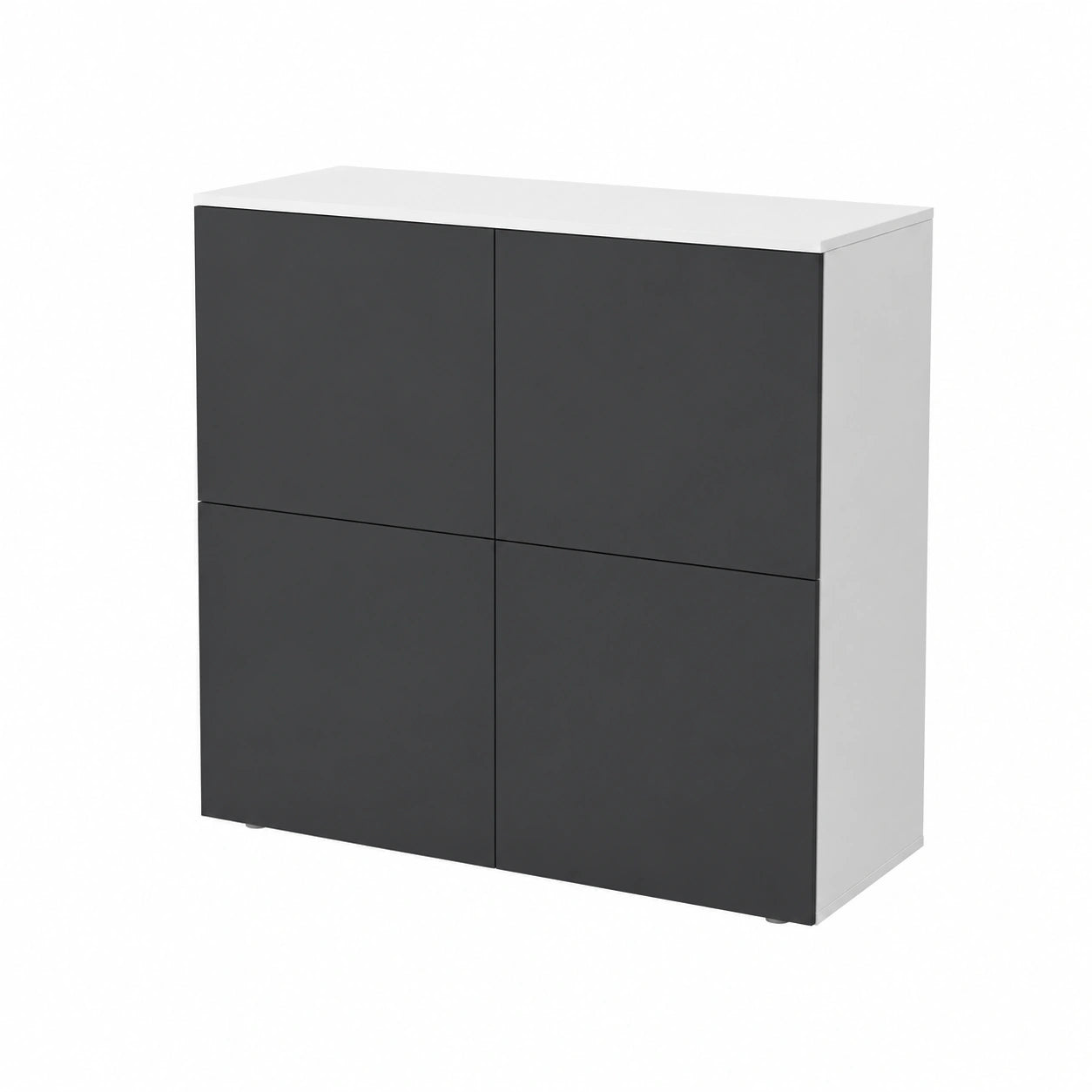 Mobile Credenza in Legno con 4 Ante Push-to-Open, Soft-Close, Bianco e Antracite