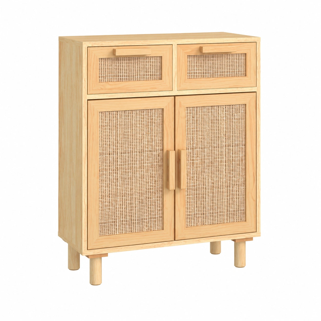 Credenza in Legno di Pino e Rattan 60x30x75 cm, Mobile Contenitore per Cucina