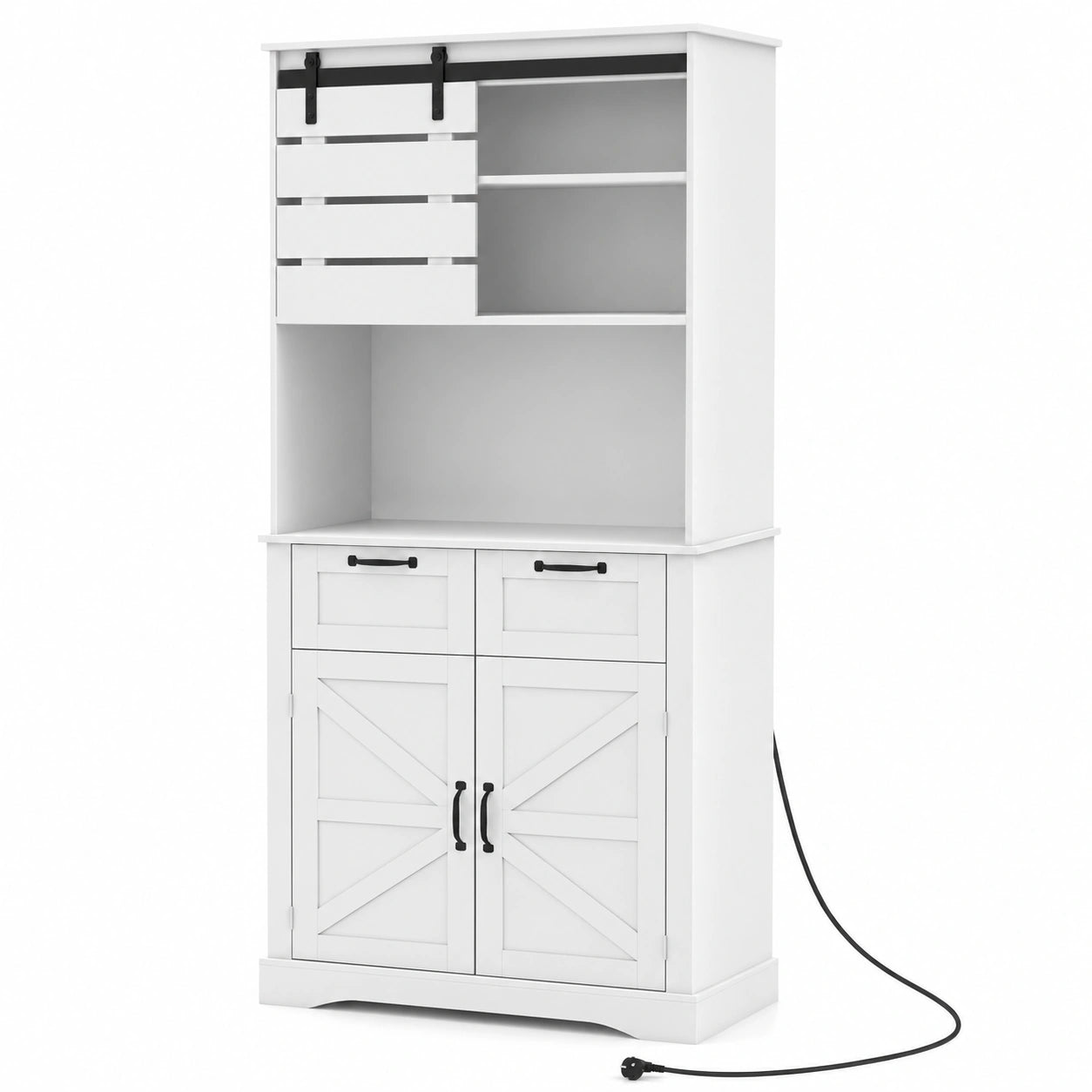 Credenza Multiuso con Presa Elettrica, Mobile con Ante, Cassetti e Ripiano Regolabile, Ideale per Cucina e Soggiorno, 80x40x180 cm